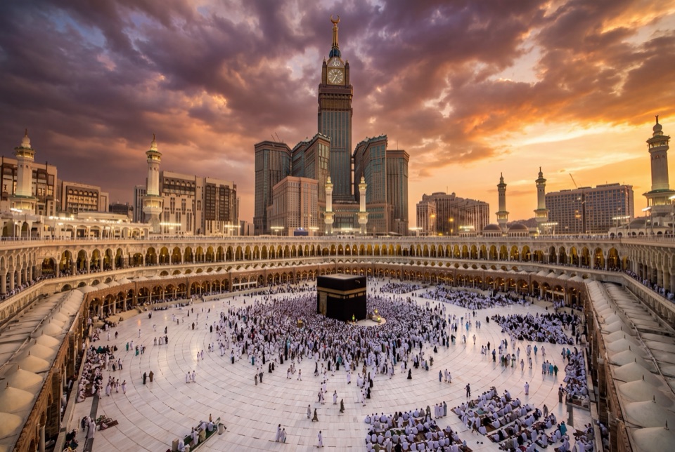Gün batımında Mescid-i Haram, Kâbe ve tavaf eden hacılar